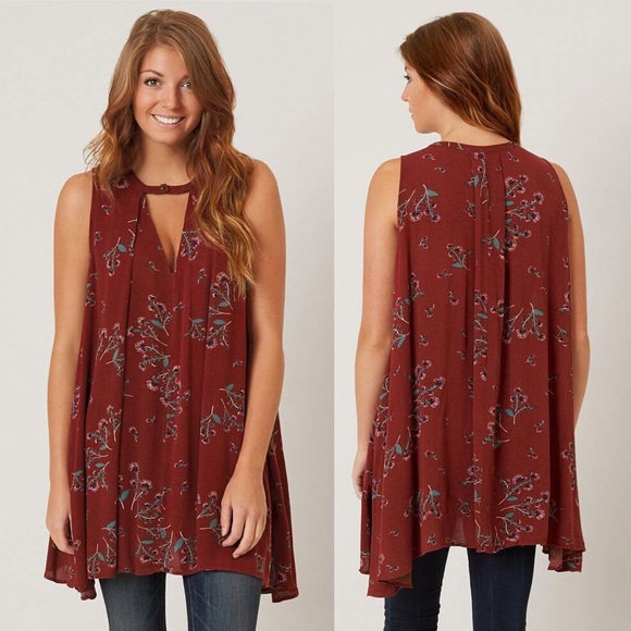 FREE PEOPLE Tree Swing Tank Top XS Key Hole Tunic Floral Boho Bohemian Pockets - Picture 2 of 14